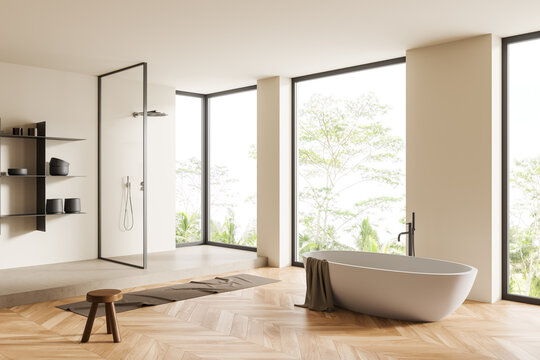 Light bathroom interior with douche, tub and decoration, panoramic window