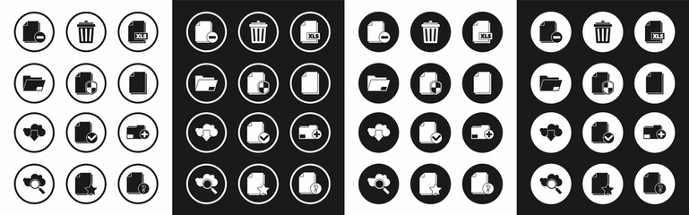 Set XLS file document, Document protection concept, folder, with minus, Trash can, Add new and Cloud download icon. Vector