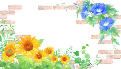 夏の花。ヒマワリとアサガオとレンガの装飾フレーム。水彩イラスト。