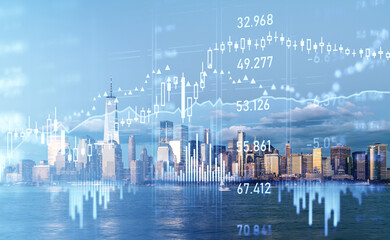 Fototapeta na wymiar Forex graph changes, candlesticks and lines with numbers. New York skyscrapers
