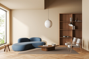 Light chill room interior with couch and two chairs, shelf and window, mockup