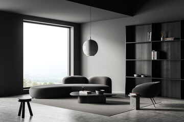 Living room interior with couch and chair, shelf and panoramic window