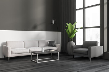 Grey lounge interior with couch and coffee table, panoramic window. Mockup wall