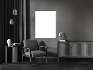 Chill room interior with chair and decoration, dresser and mockup frame