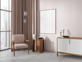 Chill room interior with chair, commode and panoramic window, mockup frame