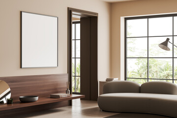 Fototapeta premium Modern relax interior couch with decoration, panoramic window. Mockup frame