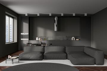 Grey kitchen interior with couch and eating area, panoramic window