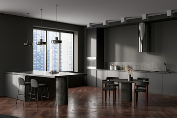 Grey kitchen interior with dining table and countertop, kitchenware and window