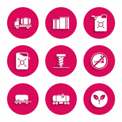 Set Rotating drill digging a hole, Oil railway cistern, Bio fuel, No Smoking, Canister for motor oil, and Tanker truck icon. Vector