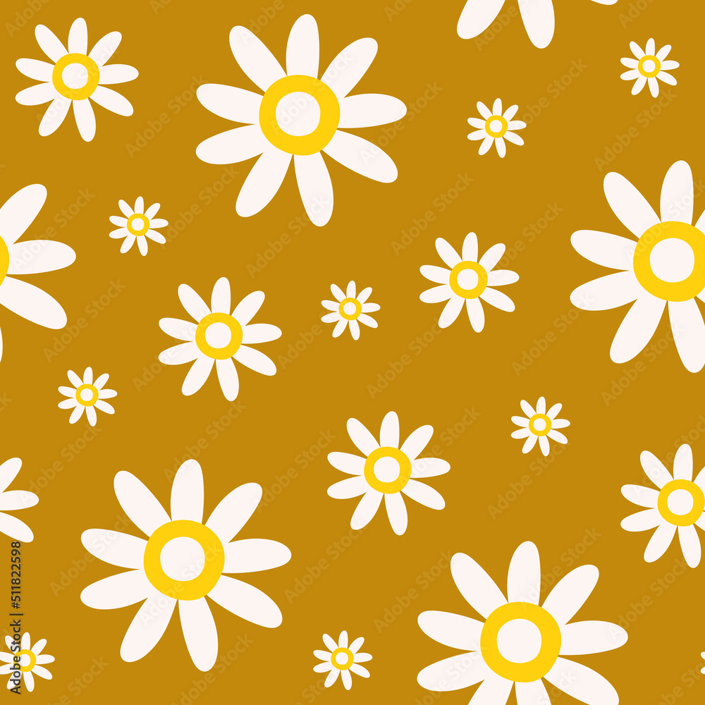 Poster retro seamless pattern of colorful hippie daisy flowers on a mustard background. vintage festive gro