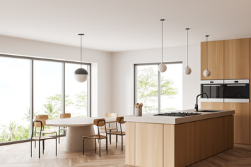 Fototapeta na wymiar Stylish kitchen interior with chairs and island, eating space and panoramic window