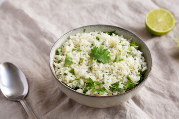Homemade Cilantro Lime Rice in a Bowl, low angle view.