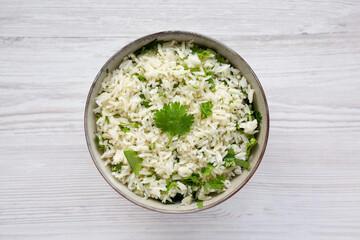 Homemade Cilantro Lime Rice in a Bowl, top view. Flat lay, overhead, from above.