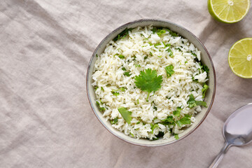 Homemade Cilantro Lime Rice in a Bowl, top view. Flat lay, overhead, from above. Space for text.