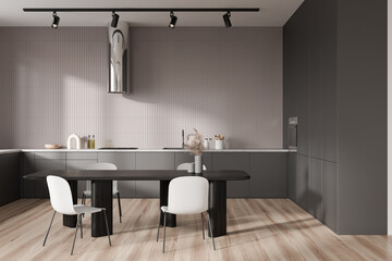Light kitchen interior with table and chairs, shelves and kitchenware