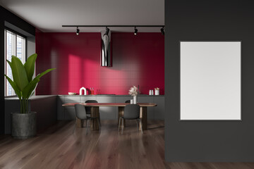 Grey kitchen interior with seats and eating table, mockup frame