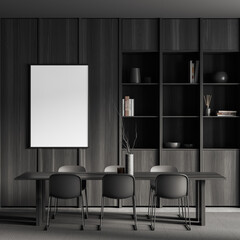 Grey meeting room interior with seats and table, shelf and mockup frame