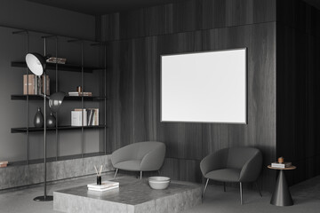 Grey relax room interior with tv zone and chairs, shelf and mockup screen