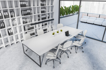 Top view of office room interior with chairs, table and panoramic view