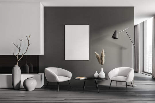 Grey living room interior with armchairs, fireplace and window, mockup frame