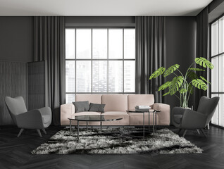 Grey lounge room interior with couch and armchair, panoramic window