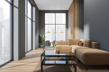 Grey living room interior with couch and seats, panoramic window