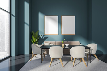 Stylish meeting interior with couch near panoramic window, mockup frames