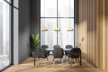 Grey dining room interior with table and chairs, panoramic window
