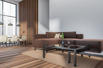 Light living room interior with couch and chairs, panoramic window. Mockup