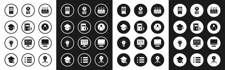 Set Online class, Audio book, Graduation cap on globe, Mobile phone, Create account screen, Computer monitor and Light bulb with concept of idea icon. Vector