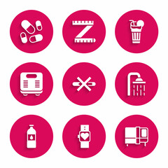 Set No Smoking, Smart watch, Bed, Shower head, Bottle of water, Bathroom scales, Fresh smoothie and Vitamin pill icon. Vector