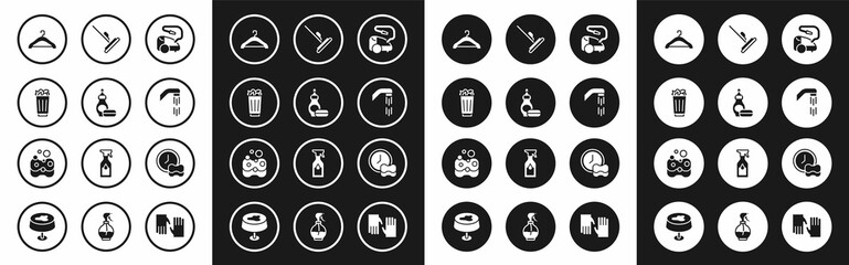 Set Vacuum cleaner, Dishwashing liquid bottle, Full trash can, Hanger wardrobe, Shower head, Mop, Washing dishes and Sponge icon. Vector