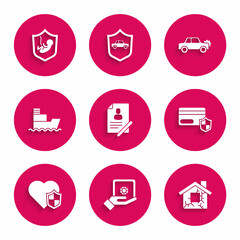 Set Document with shield, Safe in hand, House, Credit card, Life insurance, Ship, Car and icon. Vector