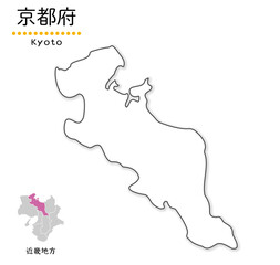 京都府のシンプルな白地図、単純化した線画、地方と位置