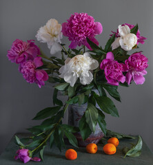 a bouquet of beautiful freshly cut peonies on the table and ripe apricots
