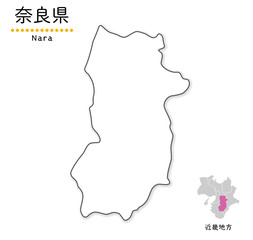 奈良県のシンプルな白地図、単純化した線画、地方と位置