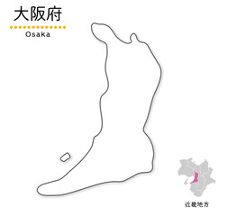 大阪府のシンプルな白地図、単純化した線画、地方と位置