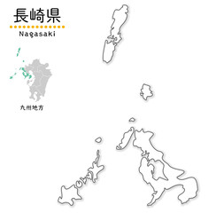 長崎県のシンプルな白地図、離島を含む全体図、単純化した線画