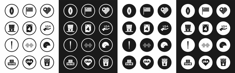 Set USA Independence day, Calendar with date July 4, Patriotic American top hat, Football ball, flag, Baseball helmet and bat icon. Vector