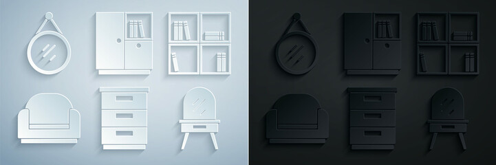 Set Furniture nightstand, Shelf with books, Armchair, Dressing table, Wardrobe and Mirror icon. Vector