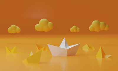 Fototapeta na wymiar Yellow paper boat floating with several white boats sinking.