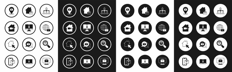 Set Hierarchy organogram chart, Video chat conference, camera Off in home, Online working, Magnifying glass with briefcase and icon. Vector