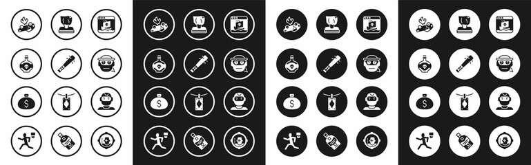 Fototapeta premium Set Internet piracy, Baseball bat with nails, Poison in bottle, Burning car, Bandit, Kidnaping, Thief mask and Money bag icon. Vector