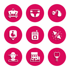 Set Press the SOS button, Medical hospital building, Dental implant, Joint pain, knee pain, Deaf, Disabled wheelchair, Hearing aid and Man without legs sitting icon. Vector