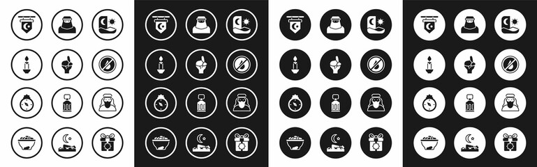Fototapeta premium Set Ramadan fasting, Hands praying position, Burning candle, Star crescent, No water, Muslim woman niqab, and Qibla icon. Vector