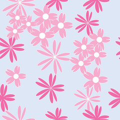 Vector blue background white pink cherry tree flowers and cherry blossom sakura flowers. Seamless pattern background