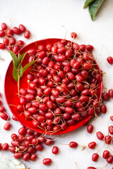 tasty Gumi berries on a red plate, top view