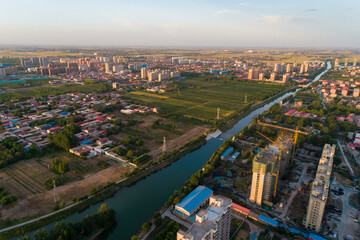 A small town in northern China at sunset.