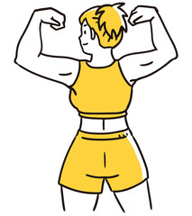 後ろ姿でポーズをとる女性ボディビルダー