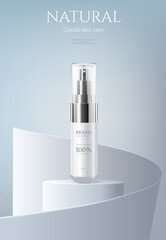 Luxury product cosmetic glass bottle on stage with white podium in light blue background . product presentation, mock up, show cosmetic product display